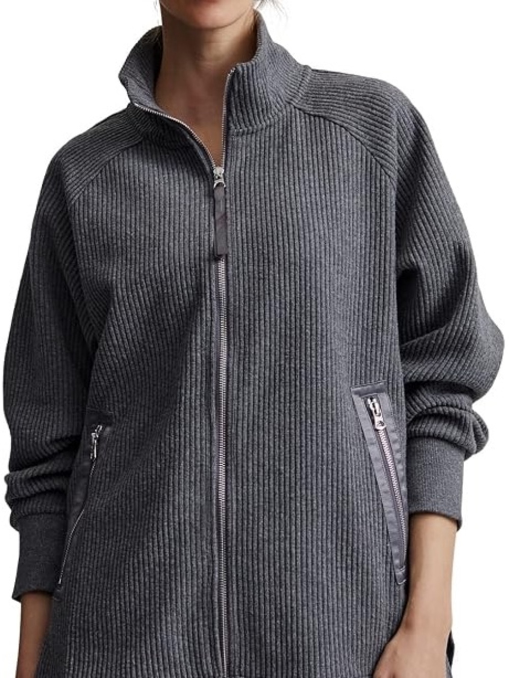 Varley Ribbed Full-Zip Bomber Jacket in Charcoal Gray
